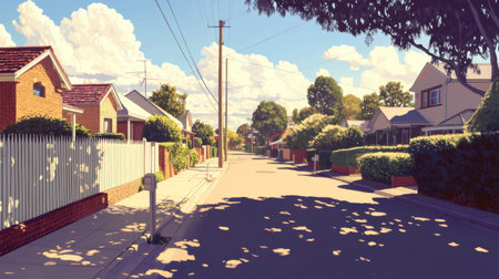 A suburban street basking in sunlight, lined with family homes, picket fences, and neatly trimmed hedges.の素材