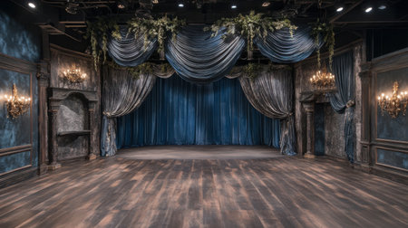 A spacious, elegantly lit stage with luxurious drapery and hardwood floors, ideal for a theatrical masterpiece.の素材