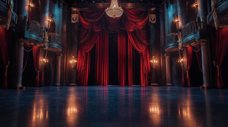 A spacious luxury theater stage with bold curtains, dim lighting creating ambiance, and a highly polished floor.の素材