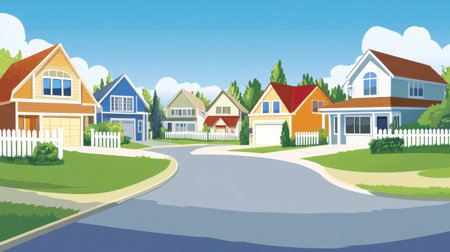 A suburban street on a sunny day featuring homes with picket fences, green lawns, and friendly surroundings.の素材