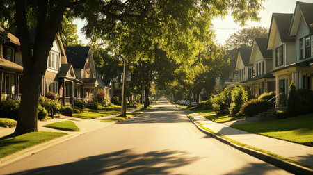 A sunny suburban neighborhood with charming houses, clean sidewalks, and tree shadows adding texture to the street.の素材
