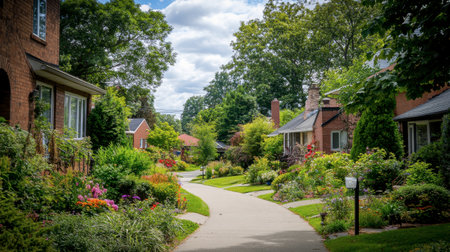 A suburban street filled with lush greenery, tidy homes, and a bright, clear sky creating a serene setting.の素材