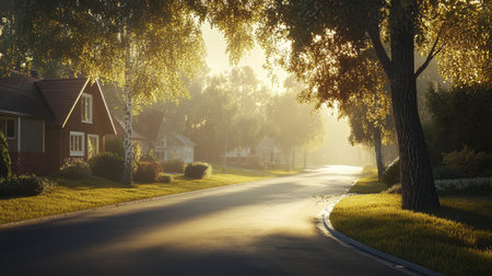 A suburban street bathed in sunlight, showcasing well-maintained houses, clean pavements, and green foliage.の素材