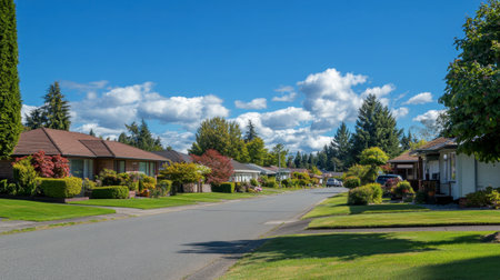 A suburban street filled with lush greenery, tidy homes, and a bright, clear sky creating a serene setting.の素材
