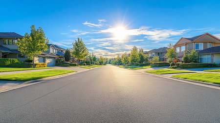 A sunny day in a suburban area showcasing large houses, green lawns, and friendly street designs.の素材