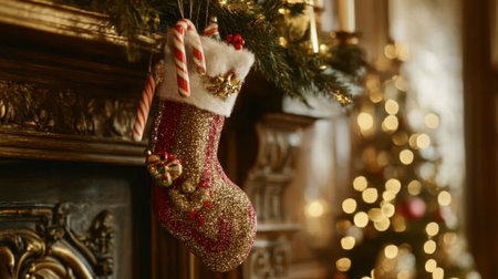 A traditional Christmas stocking stuffed with candy canes, small toys, and treats hanging on a mantelpiece.の素材