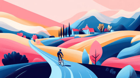 A tranquil countryside road with a cyclist enjoying the vibrant scenery of rolling hills and a crystal-clear stream.の素材