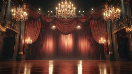 A traditional stage adorned with rich curtains, a radiant light setup, and clean, reflective wood flooring for a dramatic effect.の素材