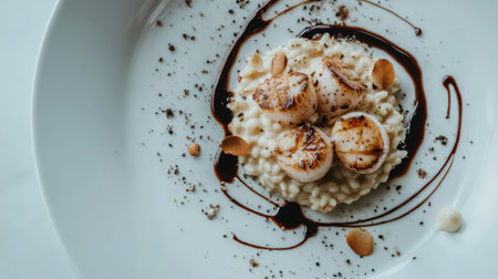 A top view of seared scallops on a bed of creamy risotto with a drizzle of balsamic glaze.の素材