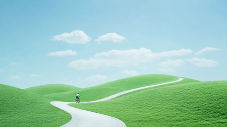 A tranquil countryside road with a cyclist enjoying the vibrant scenery of rolling hills and a crystal-clear stream.の素材