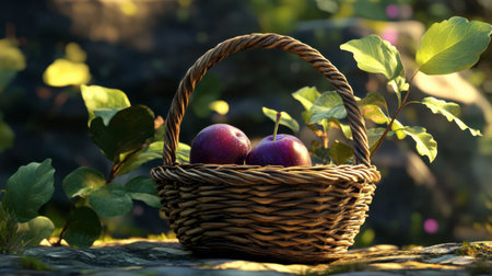 A shiny plum sits in a straw basket, with its deep purple skin catching the light.の素材