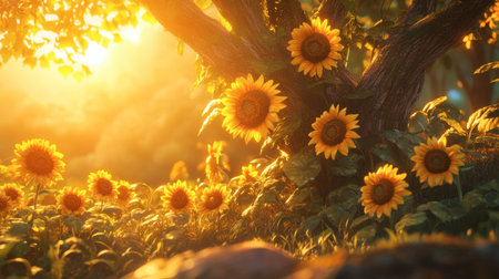 A spectacular arrangement of sunflowers at Flora Park, basking in the warm sunlight.の素材