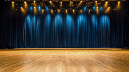 A theater stage adorned with navy curtains, antique golden lights, and freshly polished wooden floors creating an inviting vibe.の素材