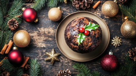 A traditional Christmas pudding with holly on top, set on a rustic table surrounded by festive decor.の素材