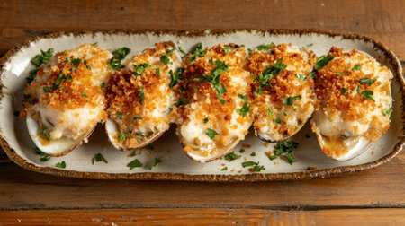 A plate of baked clams topped with breadcrumbs and parsley on a rustic wooden table.の素材