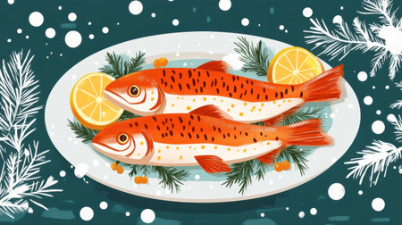 A plate of pan-seared trout fillets garnished with fresh herbs and lemon slices.の素材