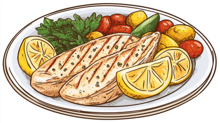 A plate of grilled swordfish steaks served with lemon wedges and roasted vegetables.の素材