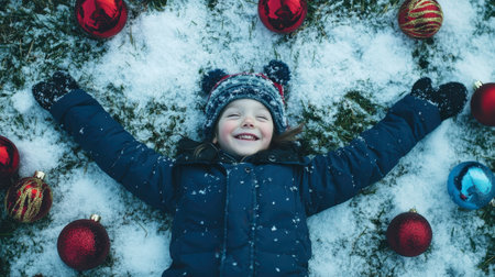 A playful child making a snow angel in the yard, surrounded by festive holiday decorations.の素材