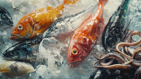 A raw fish market scene showcasing freshly caught mackerel, snapper, and squid on ice.の素材