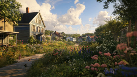 A quiet suburban street surrounded by natures greenery, neat houses, and a bright blue sky overhead.の素材