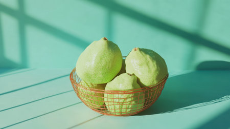 A ripe guava sits in a minimalist basket, with its light green skin glowing softly.の素材
