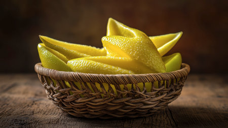 A ripe starfruit displayed in a small, rustic basket, its unique shape creating interest.の素材