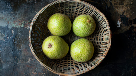 A ripe guava sits in a minimalist basket, with its light green skin glowing softly.の素材