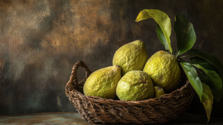 A ripe guava sits in a minimalist basket, with its light green skin glowing softly.の素材
