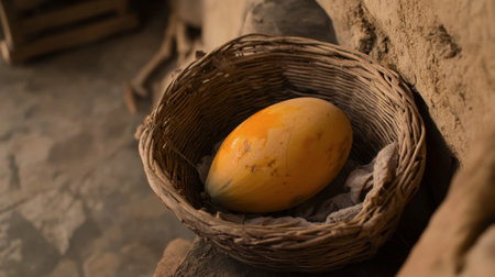 A ripe papaya displayed in a rustic basket, with vibrant orange flesh partially visible.の素材