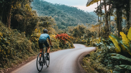 A scenic bike ride on a curving road surrounded by tall trees and vibrant bushes in the heart of the hills.の素材
