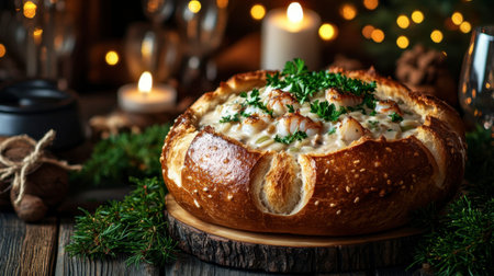 A seafood chowder bread bowl, topped with parsley, sits elegantly on a wooden table, surrounded by cozy decor.の素材