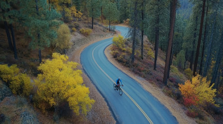 A scenic bike ride on a curving road surrounded by tall trees and vibrant bushes in the heart of the hills.の素材