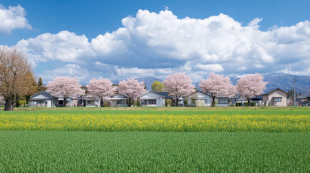A scenic suburban view with tidy houses, green grass, and a row of blossoming trees under the sunshine.の素材