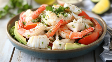 A seafood salad featuring crab meat, shrimp, and avocado, dressed with a light vinaigrette.の素材