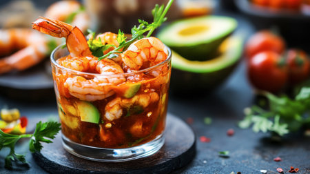 A seafood cocktail with shrimp, avocado, and spicy tomato sauce in a glass cup.の素材
