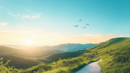 A serene hillside cycling trail with a curving road, vibrant greenery, and birds soaring through the blue sky.の素材