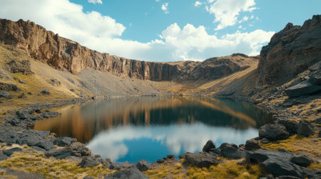 A serene mountain lake surrounded by rocky cliffs and sparse vegetation.の素材