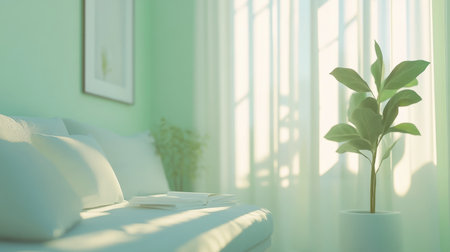 A serene pastel-themed living room with mint green walls, soft cushions, and white curtains letting in natural light.の素材