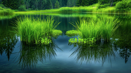 A serene marshland with sparse reeds and a still, reflective water surface.の素材