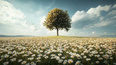 A simple field of wildflowers with a solitary tree on the horizon.の素材