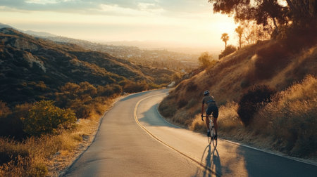 A serene hilltop cycling scene with a curving road offering panoramic views of the vibrant valley below.の素材