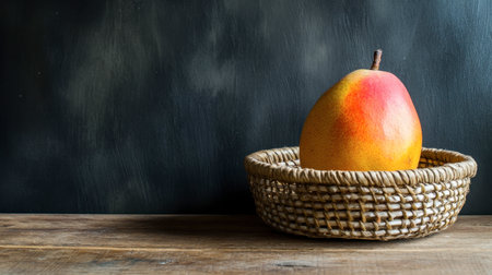 A single ripe mango resting in a woven basket, placed on a rustic wooden table.の素材
