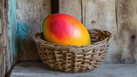 A single ripe mango resting in a woven basket, placed on a rustic wooden table.の素材