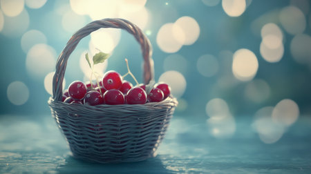A single cranberries sits in a tiny basket, its shiny surface reflecting soft light.の素材
