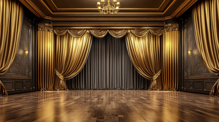 A sophisticated theater stage featuring gold-lined curtains, soft glowing lights, and polished wood floors reflecting the ambiance.の素材