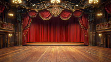 A sophisticated stage setup with modern lighting, detailed curtains, and a perfectly varnished hardwood surface.の素材