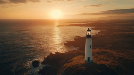 A solitary lighthouse standing tall on a rocky coastline at sunset.の素材