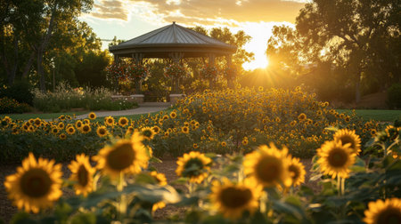 A spectacular arrangement of sunflowers at Flora Park, basking in the warm sunlight.の素材