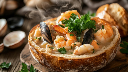 A steaming bread bowl of seafood chowder garnished with fresh parsley on a rustic wooden table setting.の素材