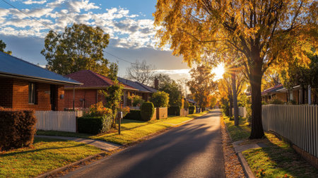 A suburban street basking in sunlight, lined with family homes, picket fences, and neatly trimmed hedges.の素材